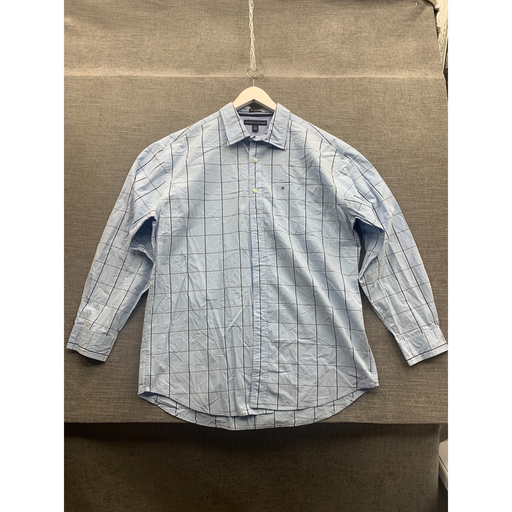 Tommy Hilfiger 80's 2 Ply Dress Shirt Mens XL 17.5-18 Blue Windowpane Business